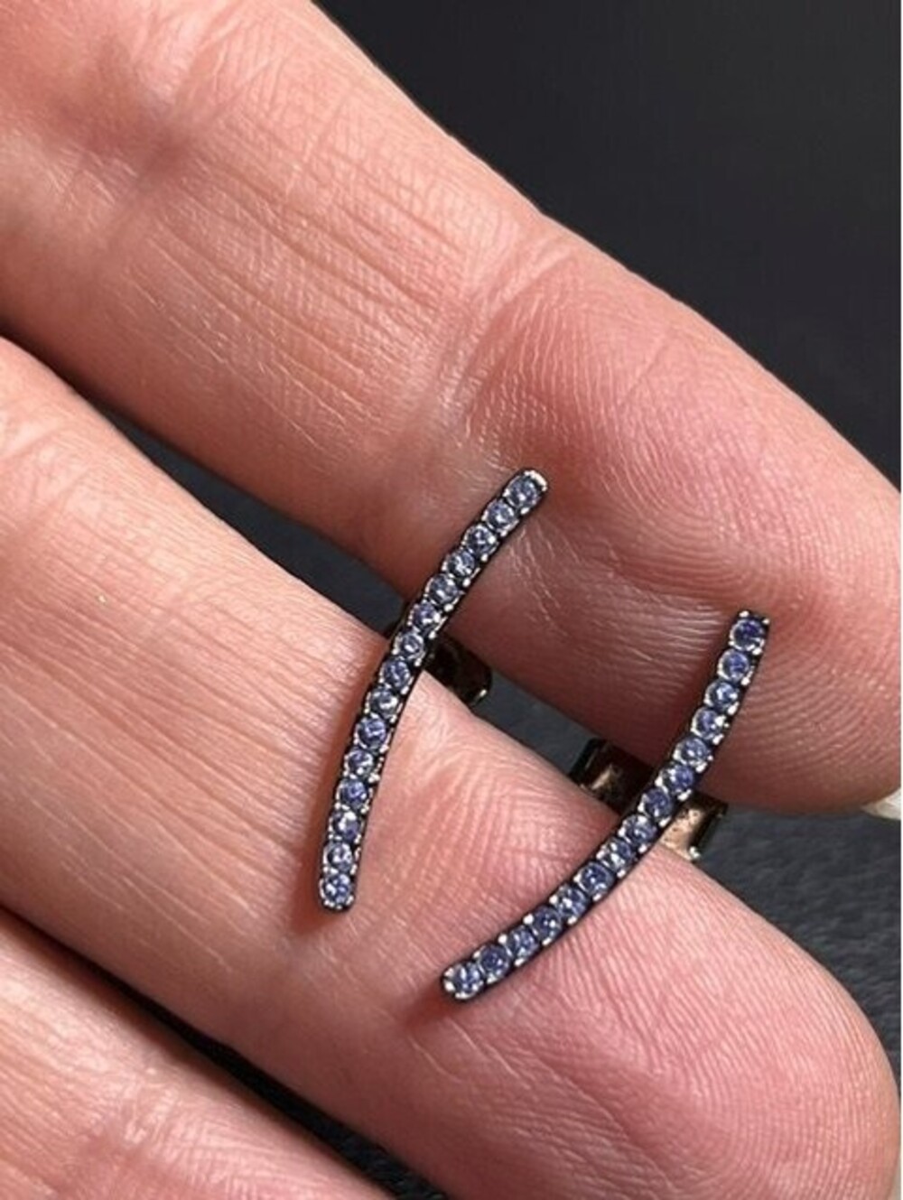 B6443 NADRI Curved Bar Stud Earrings Lavender Rhinestone Pave set in black 22mm